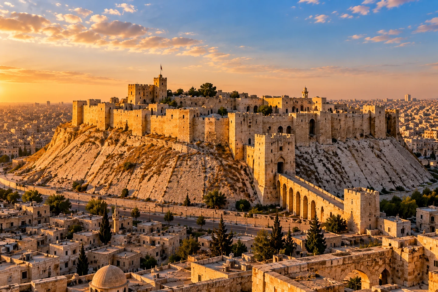 Illustration of Aleppo Citadel in warm evening light