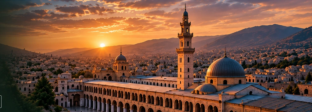 Artistic AI depiction of Damascus at golden hour